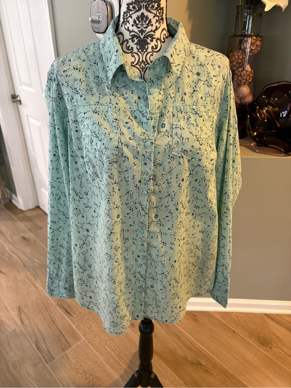 Light Green Floral Button-Front Womens Shirt